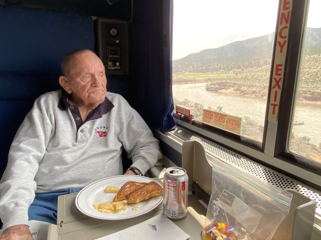Dad eating breakfast on the California Zephyr